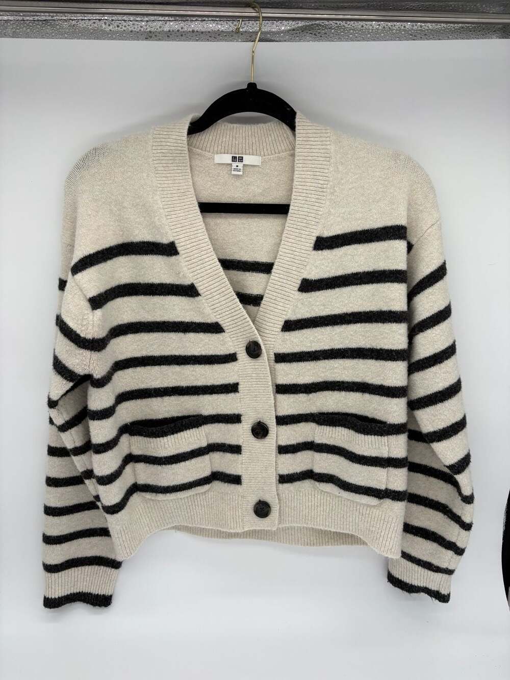 Uniqlo Breton Stripe Souffle Yarn V-Neck Short Cardigan Cream Black Size M